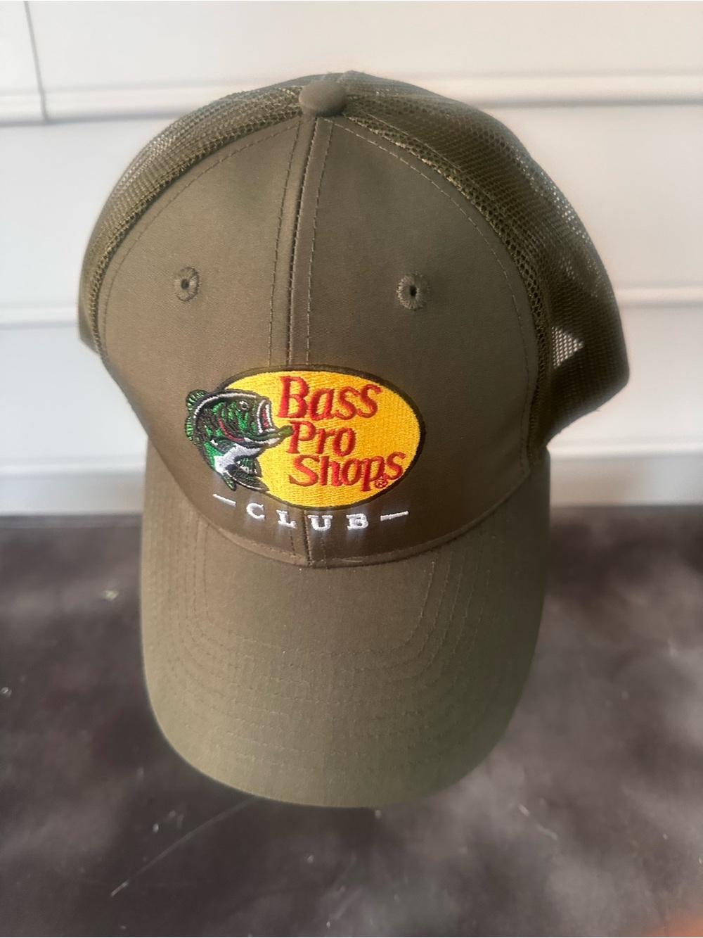 Bass Pro Shops Olive Trucker Hat with Yellow Logo Patch